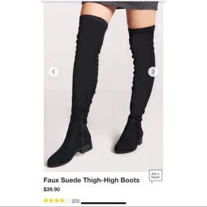 Thigh high black suede boots.